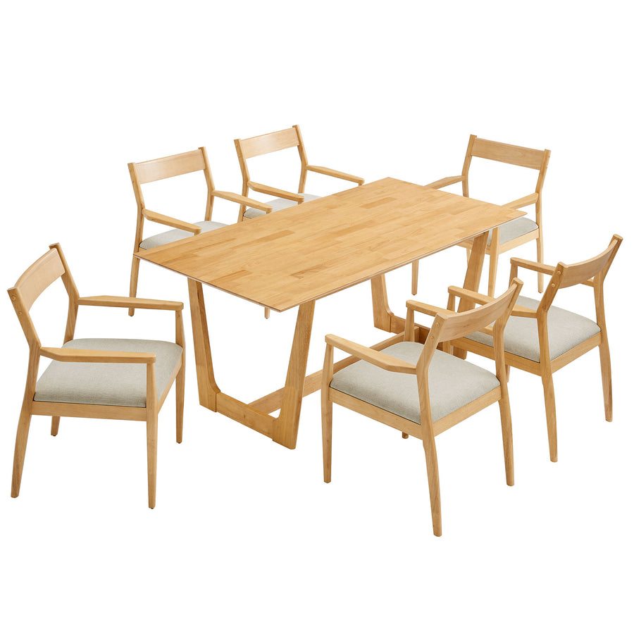 Marble 7-Piece Wood Dining Set with Fabric Upholstered Armchairs in Natural Heathered Weave Beige