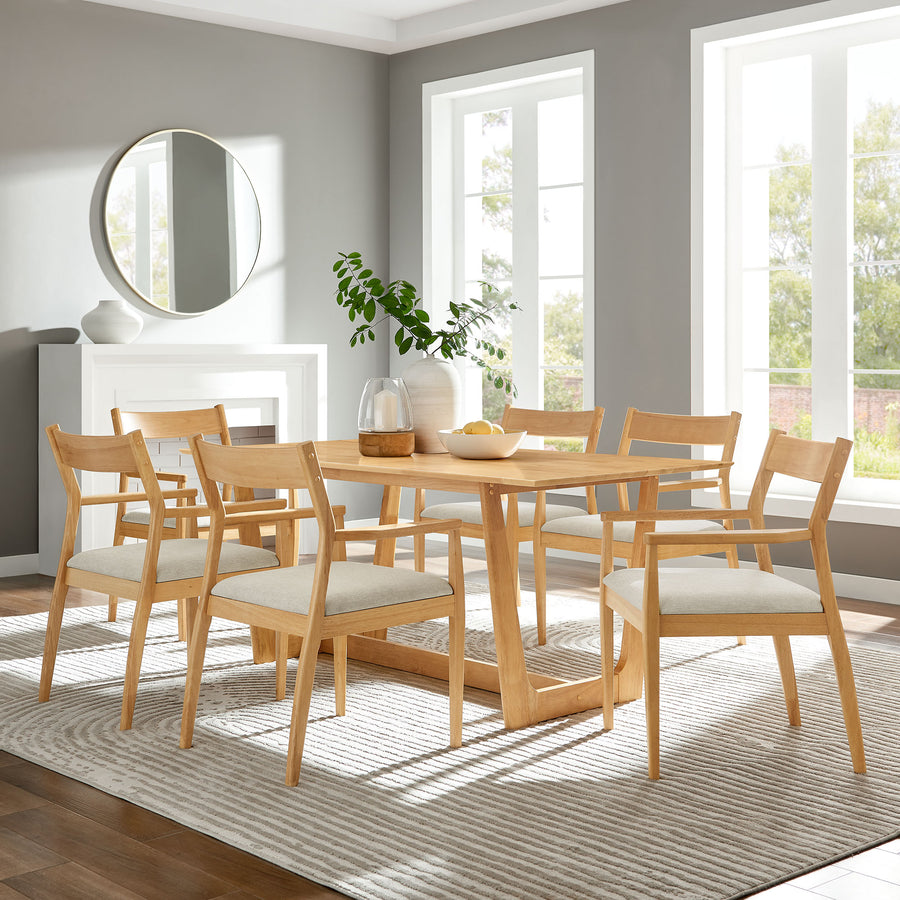 Marble 7-Piece Wood Dining Set with Fabric Upholstered Armchairs in Natural Heathered Weave Beige