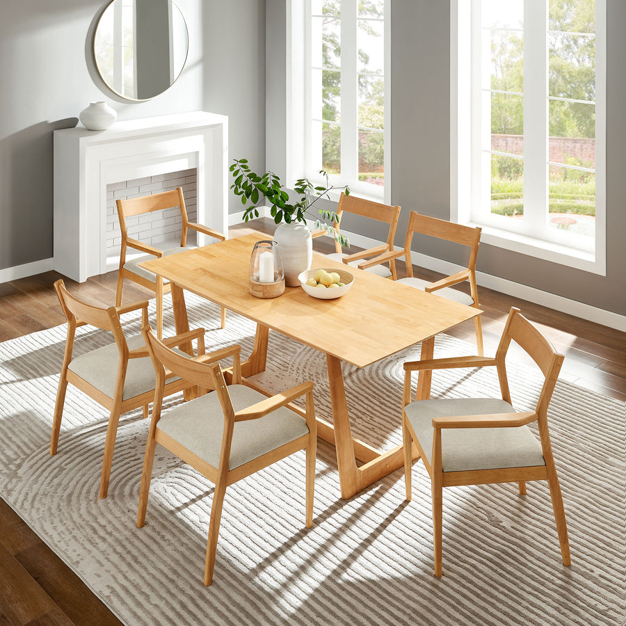 Marble 7-Piece Wood Dining Set with Fabric Upholstered Armchairs in Natural Heathered Weave Beige