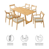Marble 7-Piece Wood Dining Set with Fabric Upholstered Armchairs in Natural Heathered Weave Beige