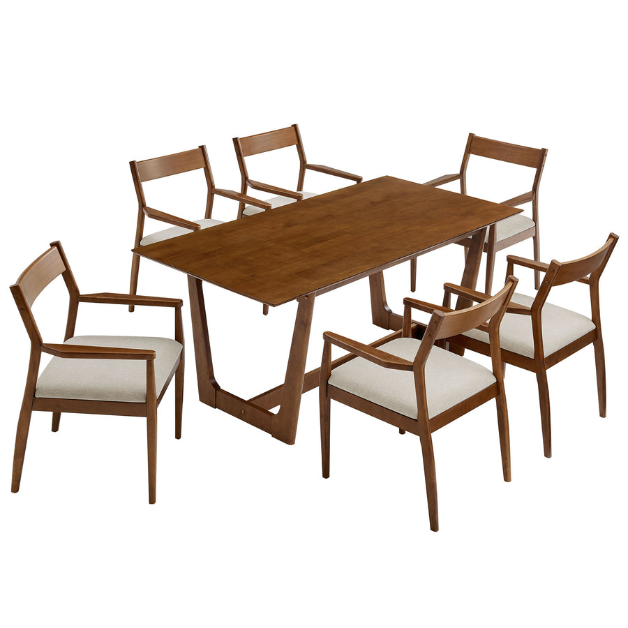 Marble 7-Piece Wood Dining Set with Fabric Upholstered Armchairs in Walnut Heathered Weave Beige