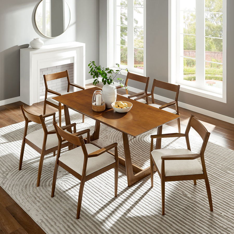Marble 7-Piece Wood Dining Set with Fabric Upholstered Armchairs in Walnut Heathered Weave Beige
