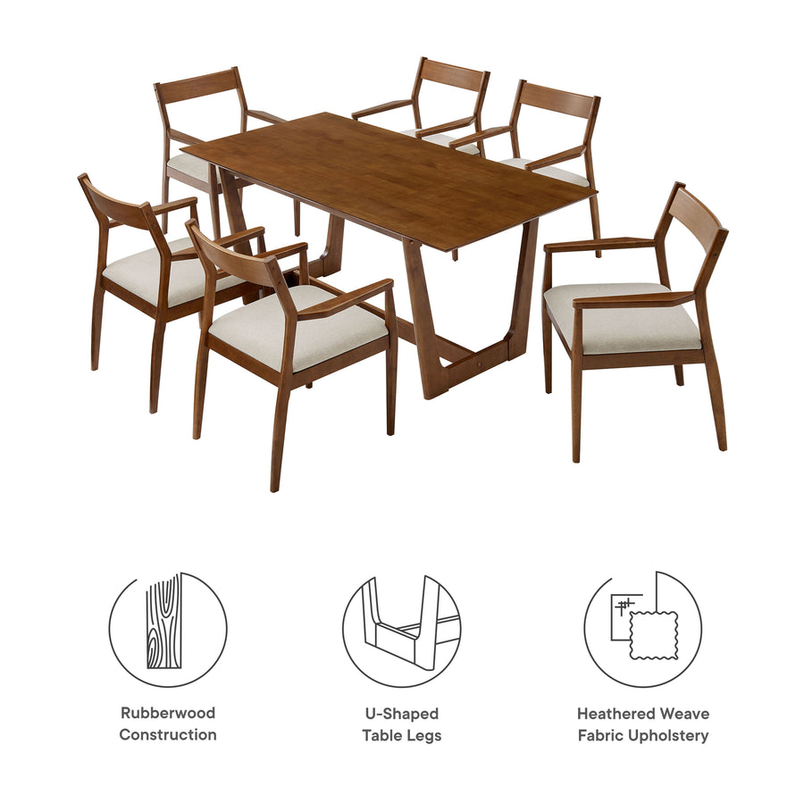 Marble 7-Piece Wood Dining Set with Fabric Upholstered Armchairs in Walnut Heathered Weave Beige