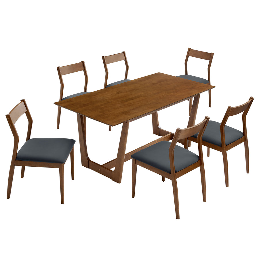 Marble 7-Piece Wood Dining Set with Vegan Leather Side Chairs in Walnut Black