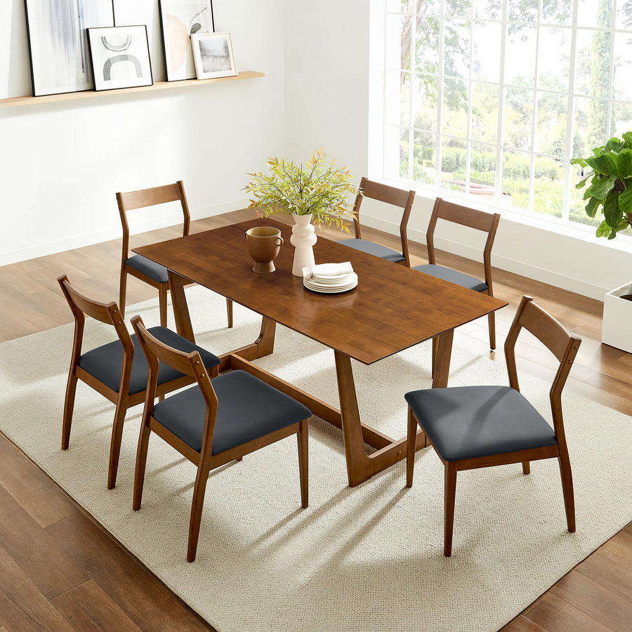 Marble 7-Piece Wood Dining Set with Vegan Leather Side Chairs in Walnut Black
