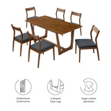 Marble 7-Piece Wood Dining Set with Vegan Leather Side Chairs in Walnut Black