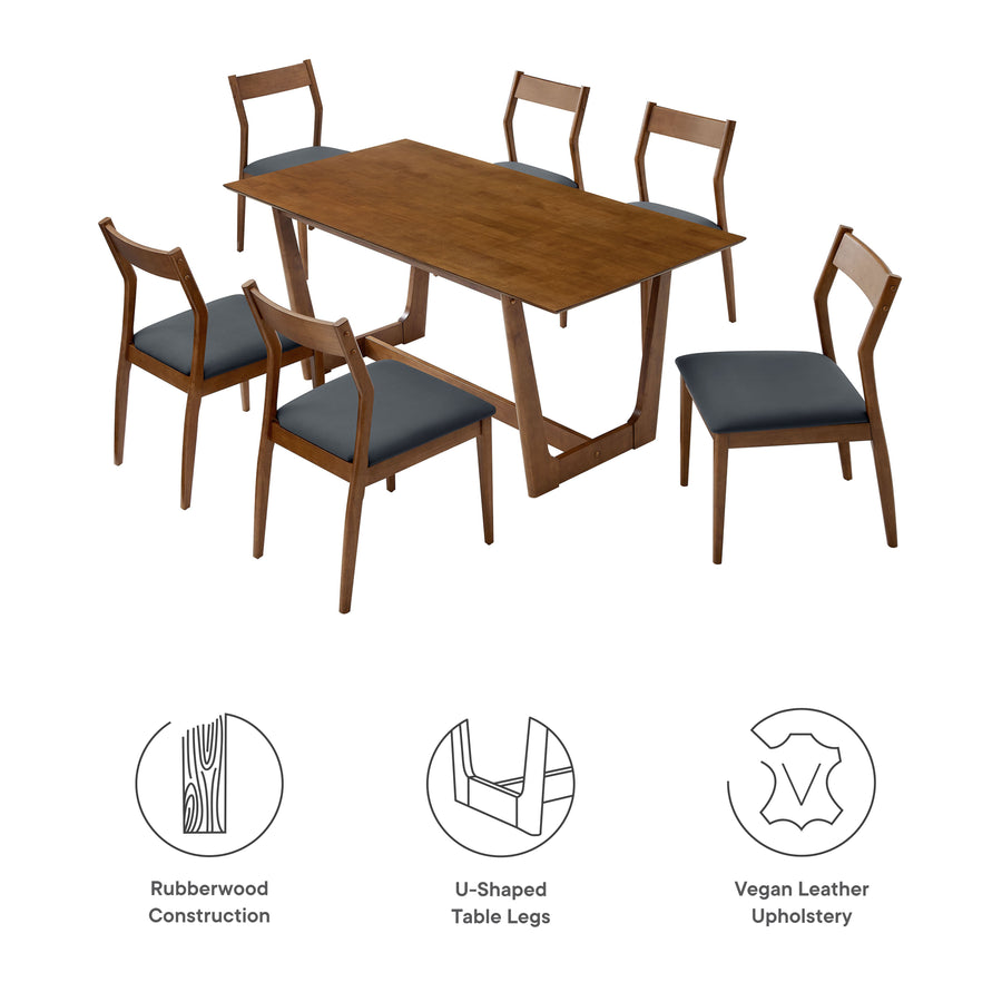 Marble 7-Piece Wood Dining Set with Vegan Leather Side Chairs in Walnut Black