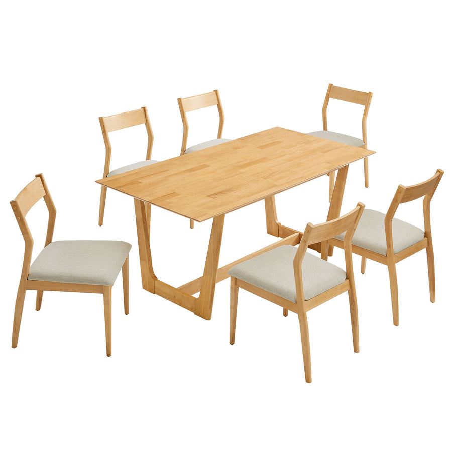Marble 7-Piece Wood Dining Set with Fabric Upholstered Side Chairs in Natural Heathered Weave Beige