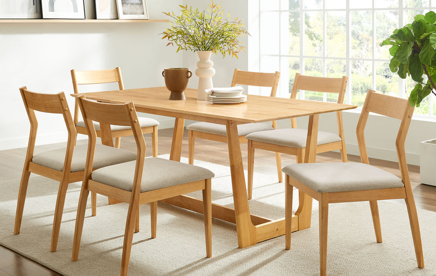 Marble 7-Piece Wood Dining Set with Fabric Upholstered Side Chairs in Natural Heathered Weave Beige