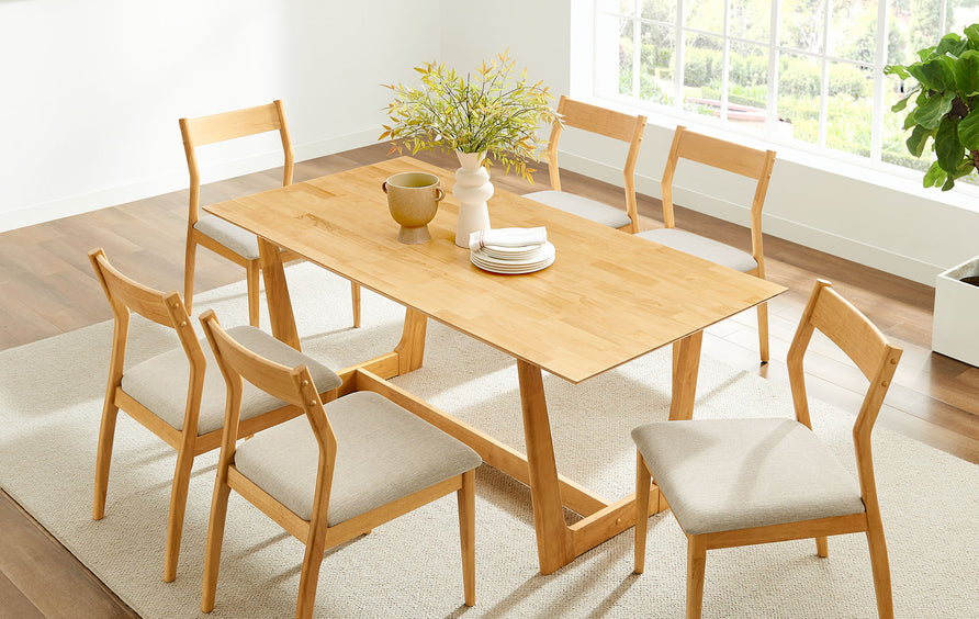 Marble 7-Piece Wood Dining Set with Fabric Upholstered Side Chairs in Natural Heathered Weave Beige