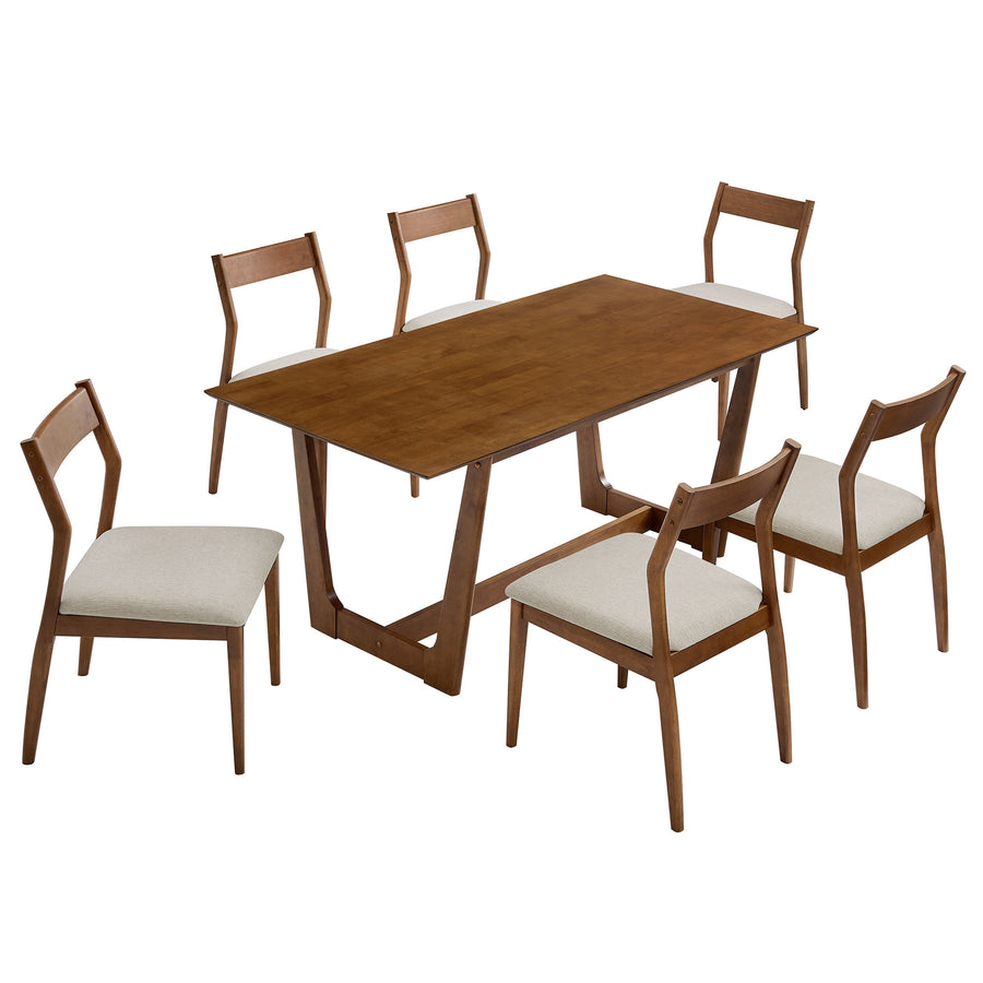 Marble 7-Piece Wood Dining Set with Fabric Upholstered Side Chairs in Walnut Heathered Weave Beige