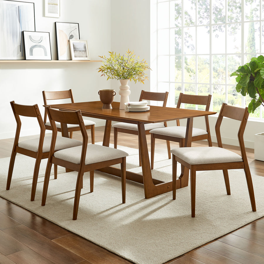 Marble 7-Piece Wood Dining Set with Fabric Upholstered Side Chairs in Walnut Heathered Weave Beige