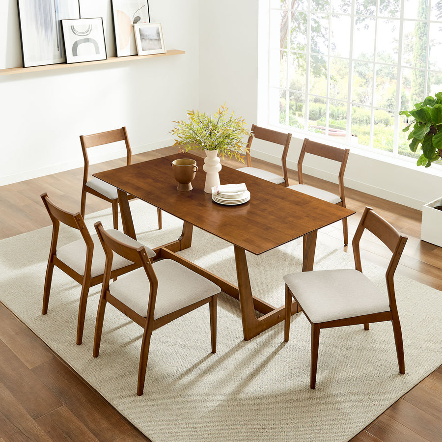 Marble 7-Piece Wood Dining Set with Fabric Upholstered Side Chairs in Walnut Heathered Weave Beige