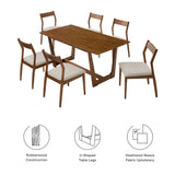 Marble 7-Piece Wood Dining Set with Fabric Upholstered Side Chairs in Walnut Heathered Weave Beige