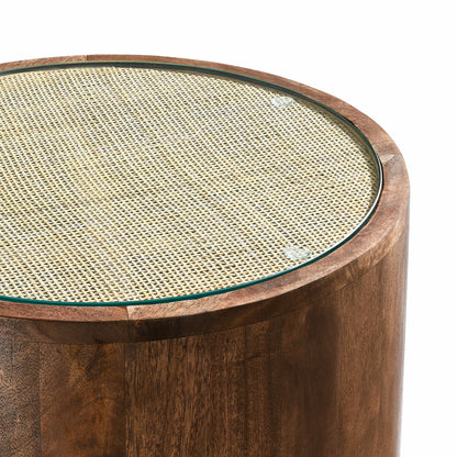 Truett Round Wood Rattan Side Table by Furniture For America