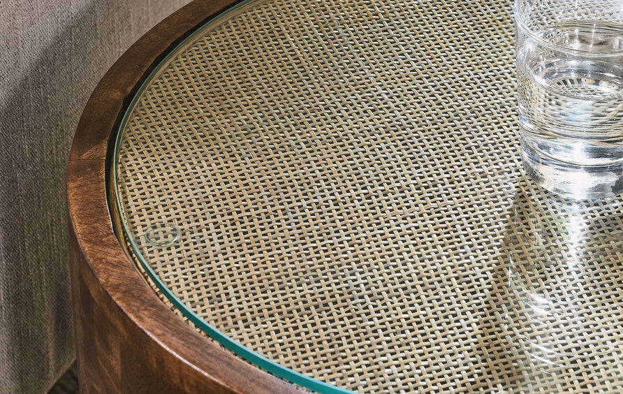 Bianca Round Wood Rattan Side Table in Walnut
