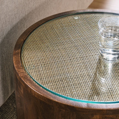 Truett Round Wood Rattan Side Table by Furniture For America