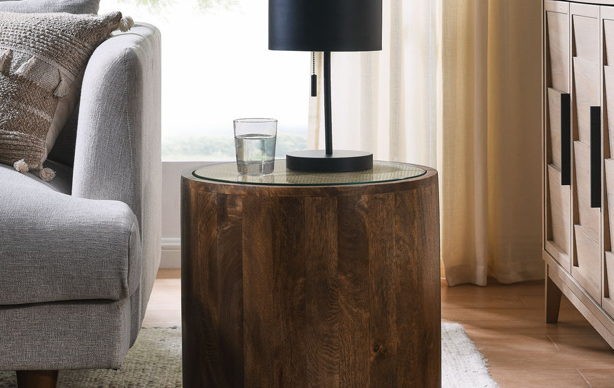 Bianca Round Wood Rattan Side Table in Walnut