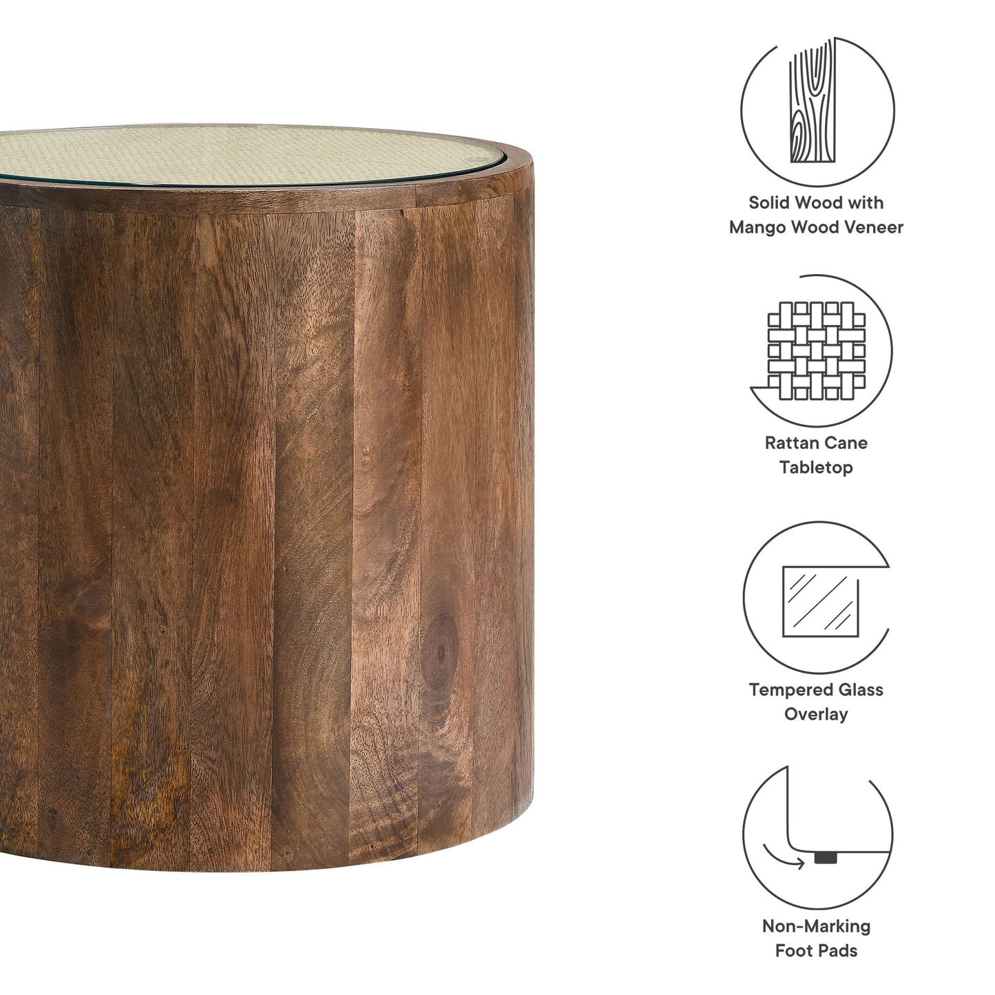 Truett Round Wood Rattan Side Table by Furniture For America