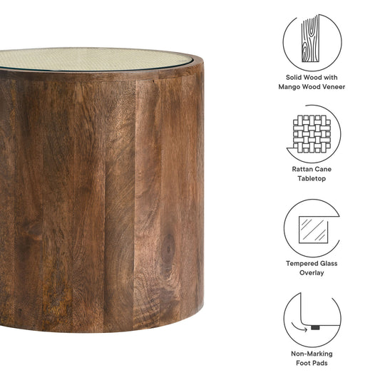 Truett Round Wood Rattan Side Table by Furniture For America