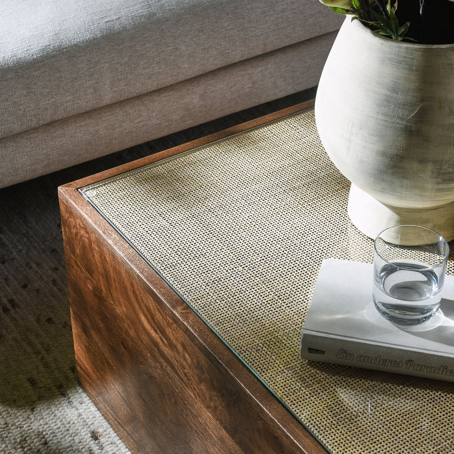 Bianca Square Wood Rattan Coffee Table in Walnut