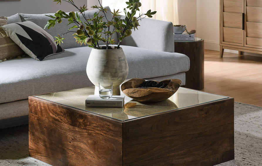 Bianca Square Wood Rattan Coffee Table in Walnut