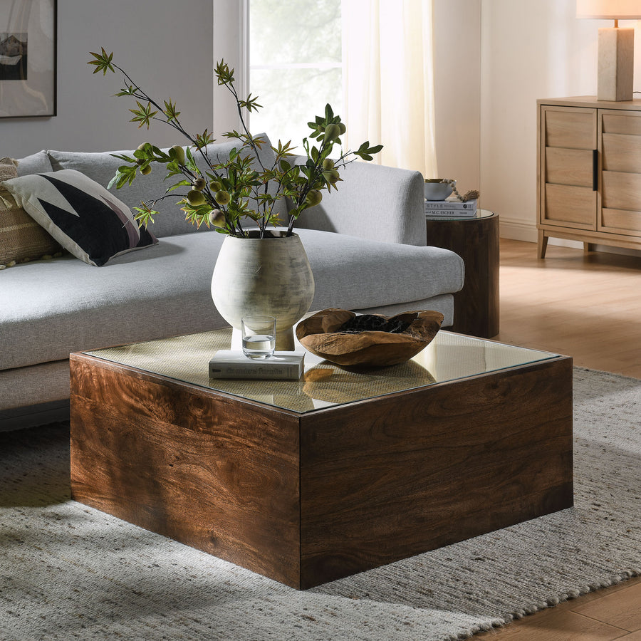Bianca Square Wood Rattan Coffee Table in Walnut
