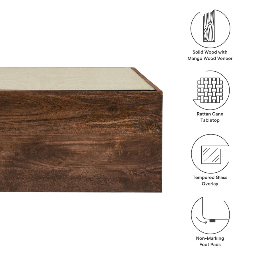 Bianca Square Wood Rattan Coffee Table in Walnut