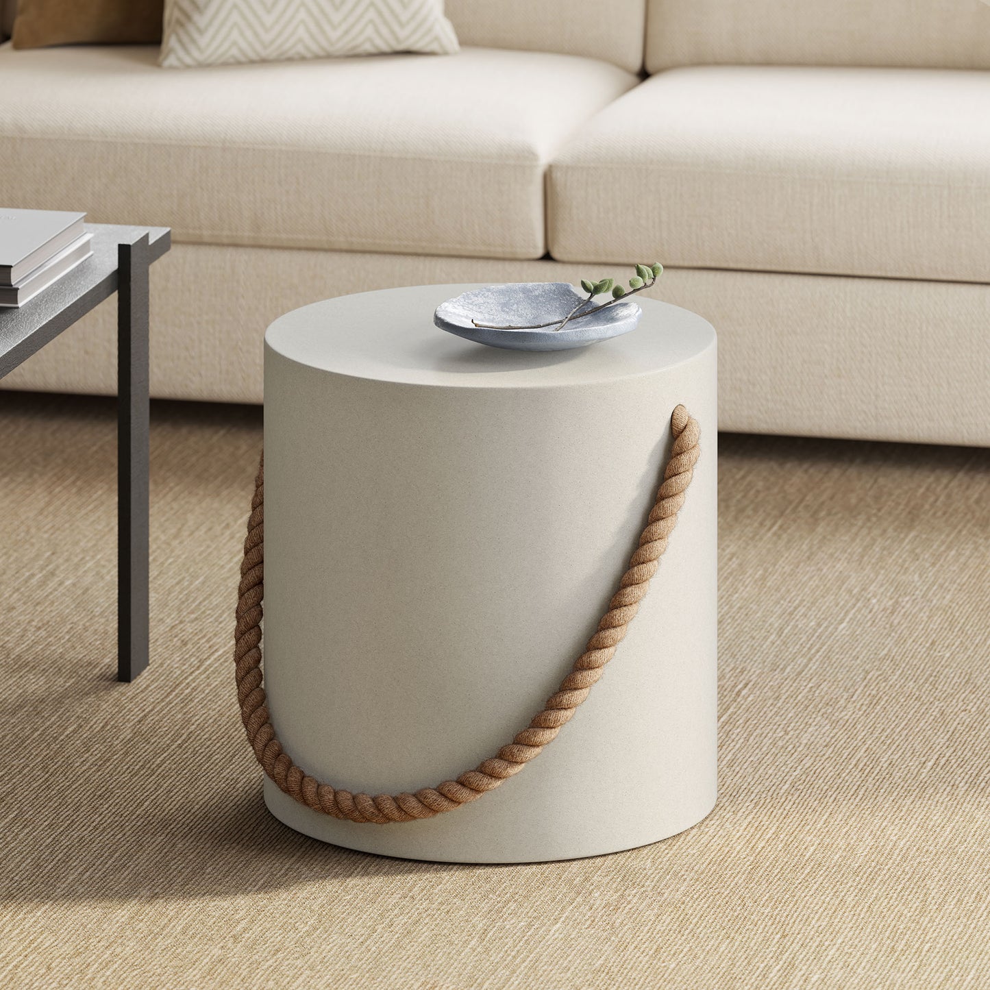 Isera Indoor - Outdoor Patio Rope Concrete Side Table Stool by Furniture For America