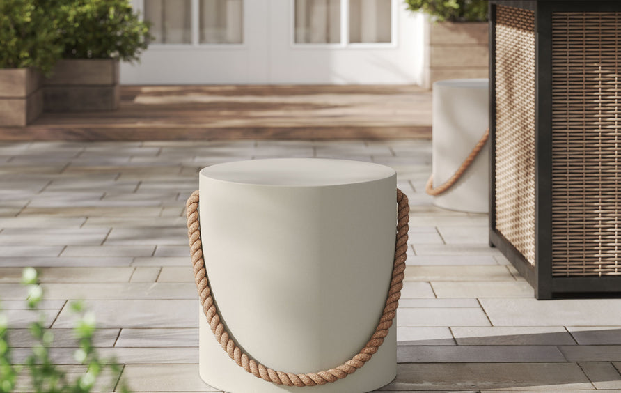 Nigella Indoor - Outdoor Patio Rope Concrete Side Table Stool in Light Gray