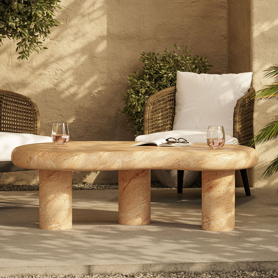 Wade Indoor - Outdoor Patio Textured Faux Travertine Coffee Table in Travertine