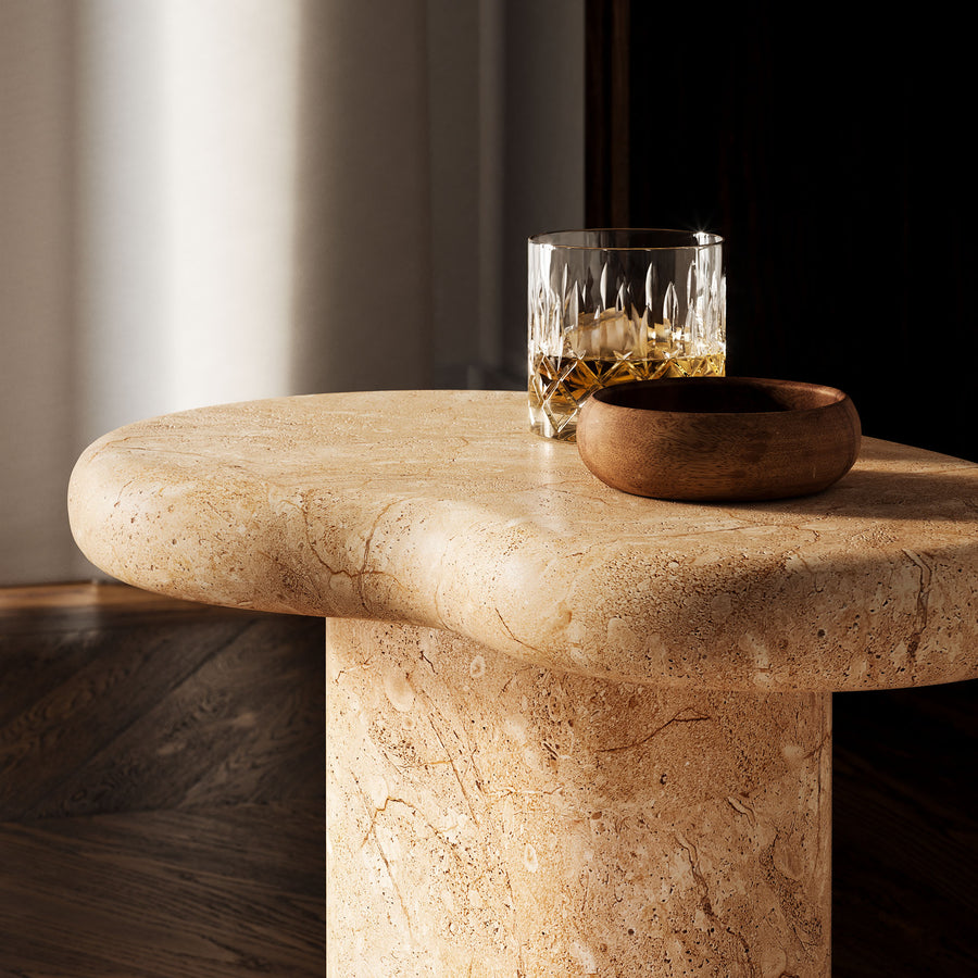 Wade Indoor - Outdoor Patio Textured Faux Travertine Side Table in Travertine