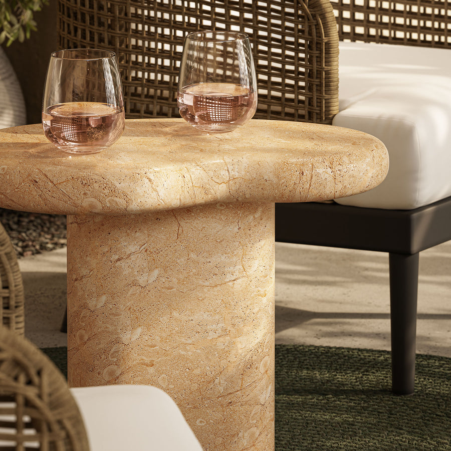 Wade Indoor - Outdoor Patio Textured Faux Travertine Side Table in Travertine