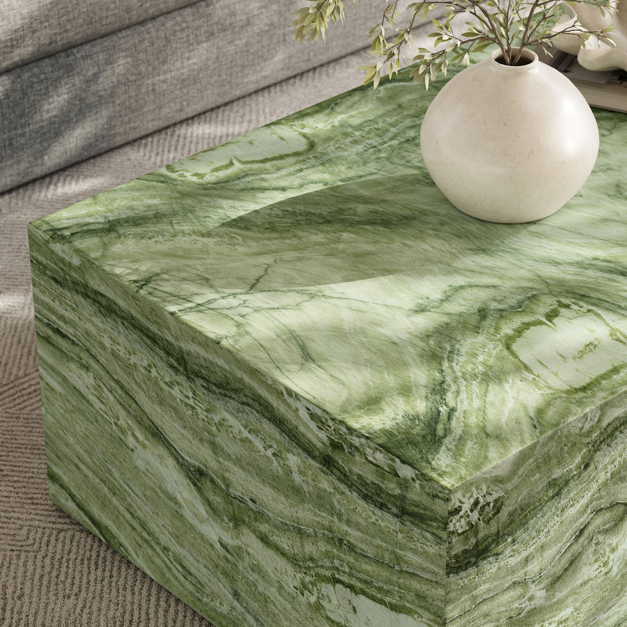 Yael Square Plinth Indoor - Outdoor Patio Concrete Coffee Table in Green Marble