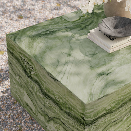 Jordana Square Plinth Indoor - Outdoor Patio Concrete Coffee Table in Green Marble