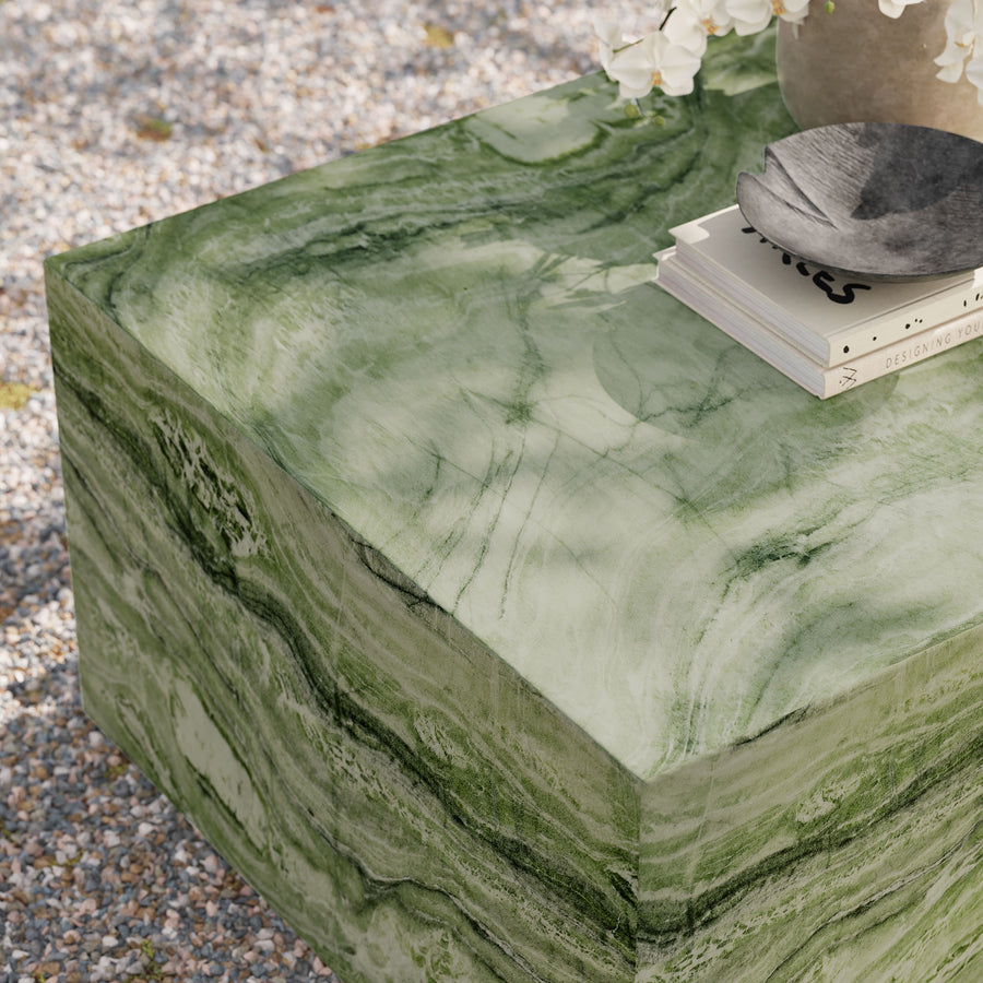 Yael Square Plinth Indoor - Outdoor Patio Concrete Coffee Table in Green Marble