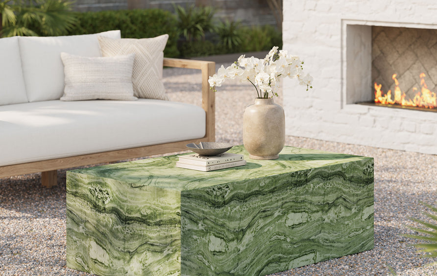 Yael Square Plinth Indoor - Outdoor Patio Concrete Coffee Table in Green Marble