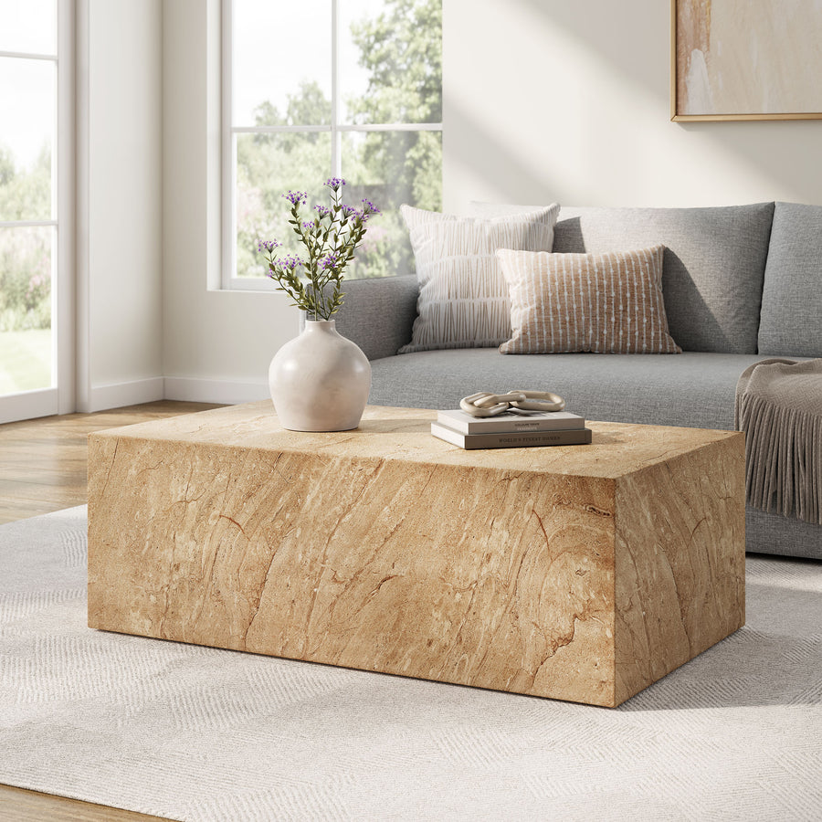 Yael Square Plinth Indoor - Outdoor Patio Concrete Coffee Table in Travertine