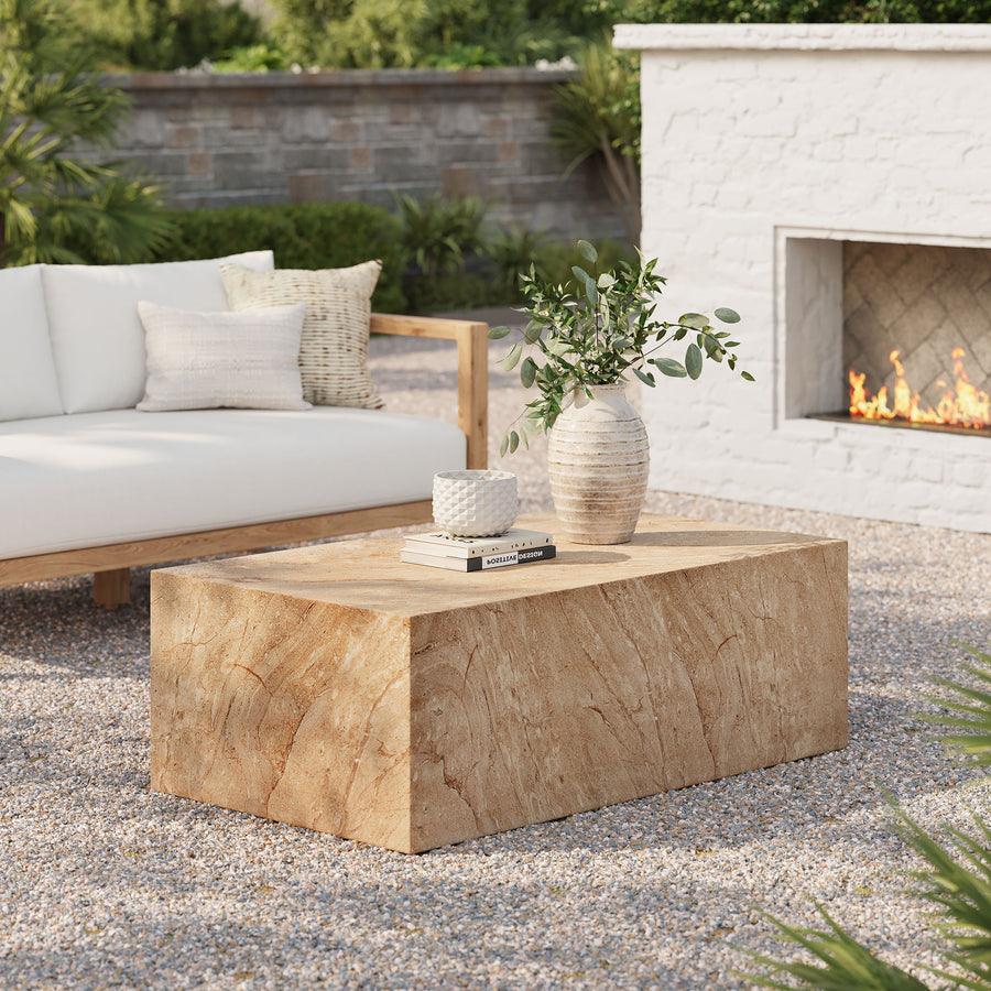 Yael Square Plinth Indoor - Outdoor Patio Concrete Coffee Table in Travertine