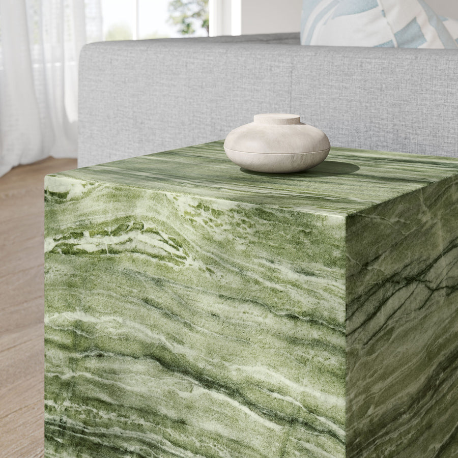 Yael Square Plinth Indoor - Outdoor Patio Concrete Side Table in Green Marble