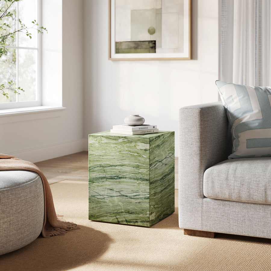 Yael Square Plinth Indoor - Outdoor Patio Concrete Side Table in Green Marble