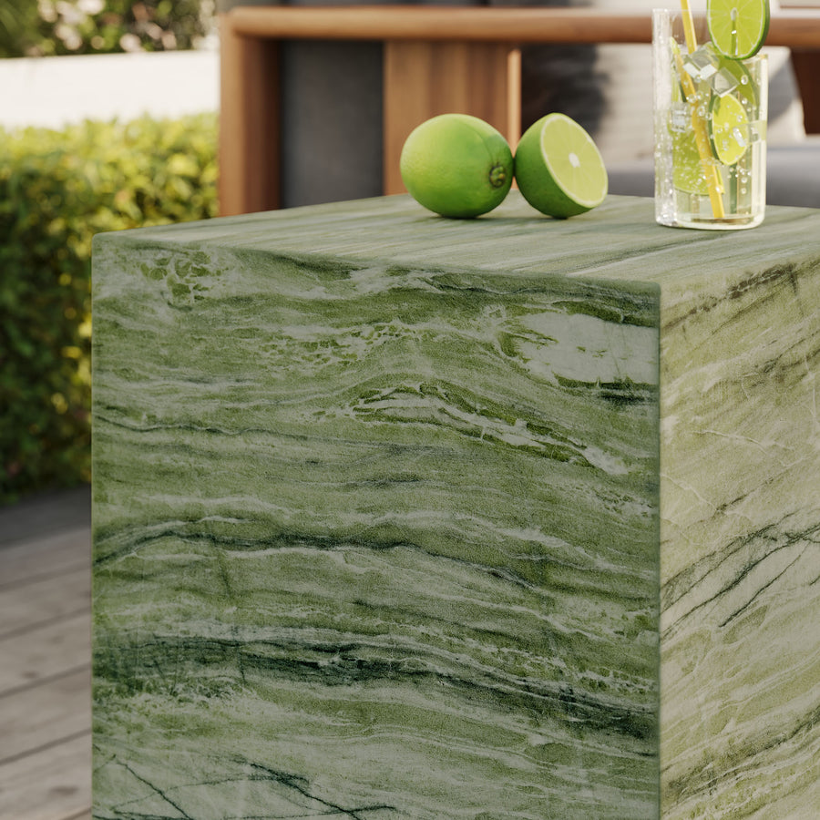 Yael Square Plinth Indoor - Outdoor Patio Concrete Side Table in Green Marble