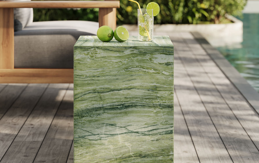Yael Square Plinth Indoor - Outdoor Patio Concrete Side Table in Green Marble