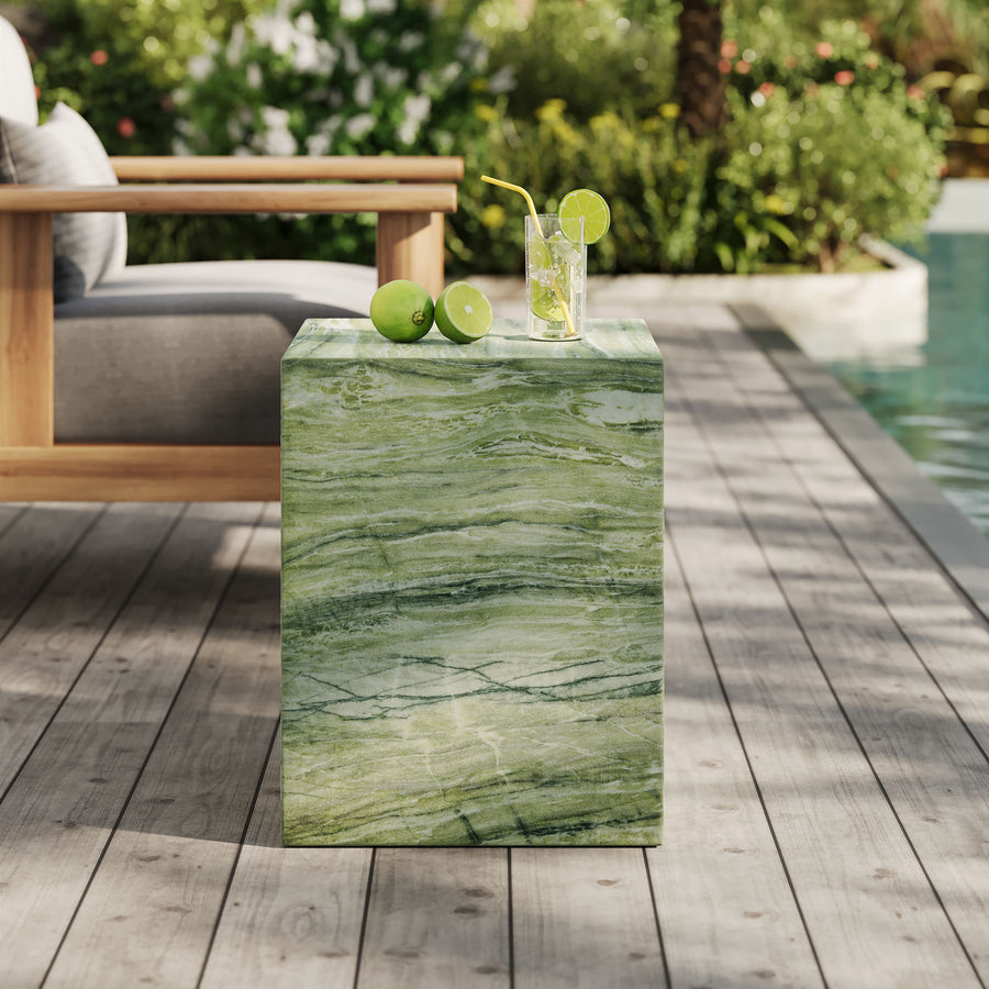Yael Square Plinth Indoor - Outdoor Patio Concrete Side Table in Green Marble