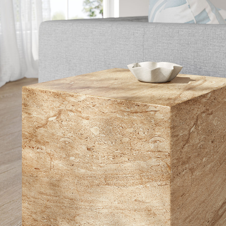 Yael Square Plinth Indoor - Outdoor Patio Concrete Side Table in Travertine