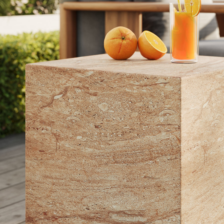 Yael Square Plinth Indoor - Outdoor Patio Concrete Side Table in Travertine