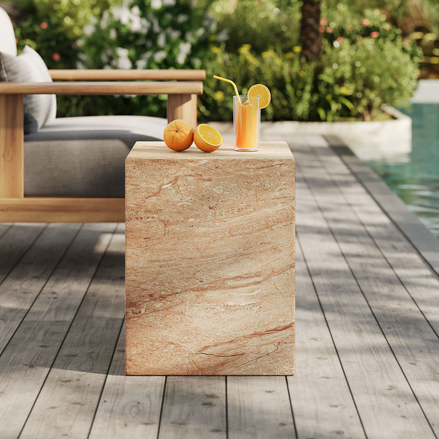 Yael Square Plinth Indoor - Outdoor Patio Concrete Side Table in Travertine