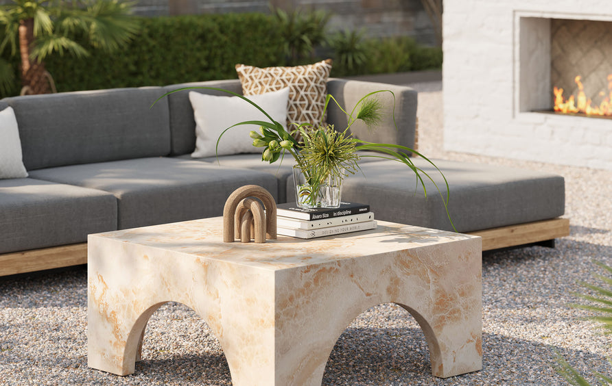 Esme Indoor - Outdoor Patio Arched Concrete Coffee Table in Honey Onyx