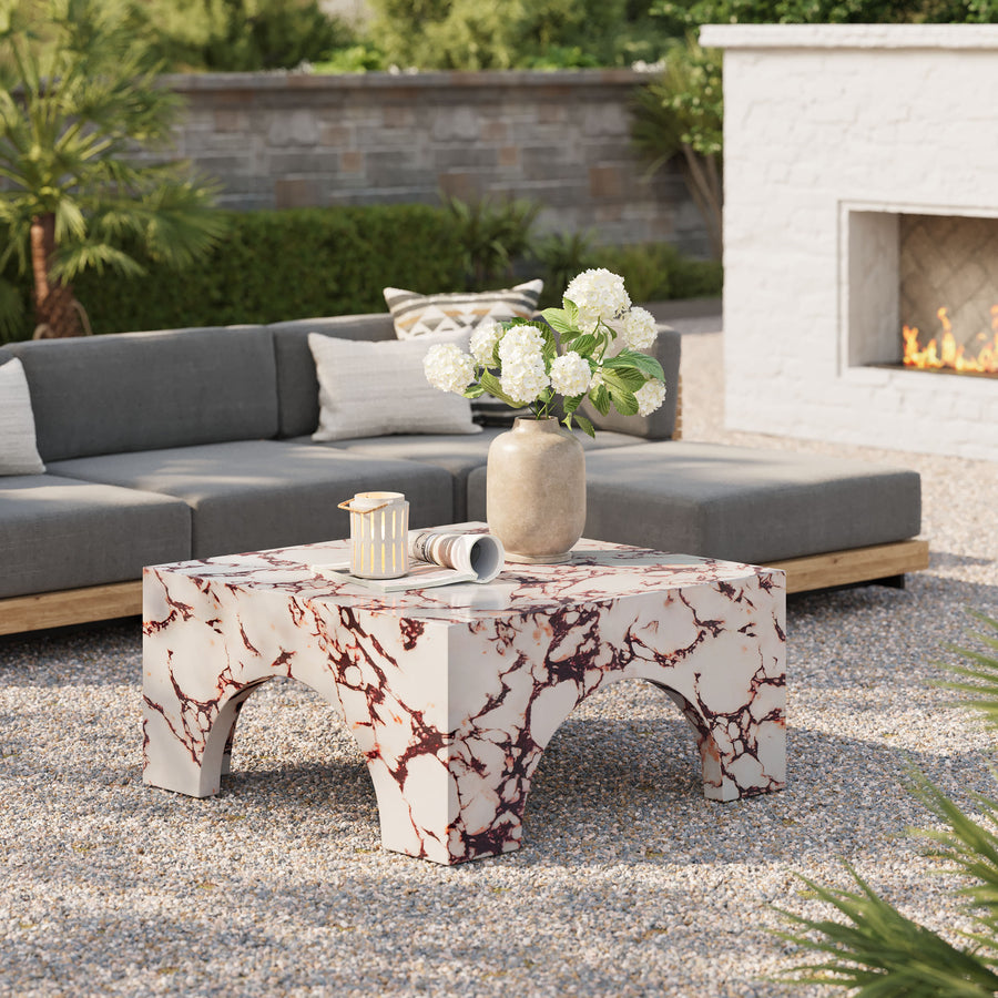 Esme Indoor - Outdoor Patio Arched Concrete Coffee Table in Red Marble