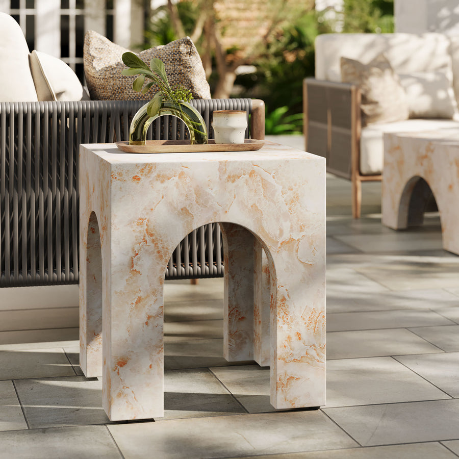 Esme Square Indoor - Outdoor Patio Arched Concrete Side Table in Honey Onyx